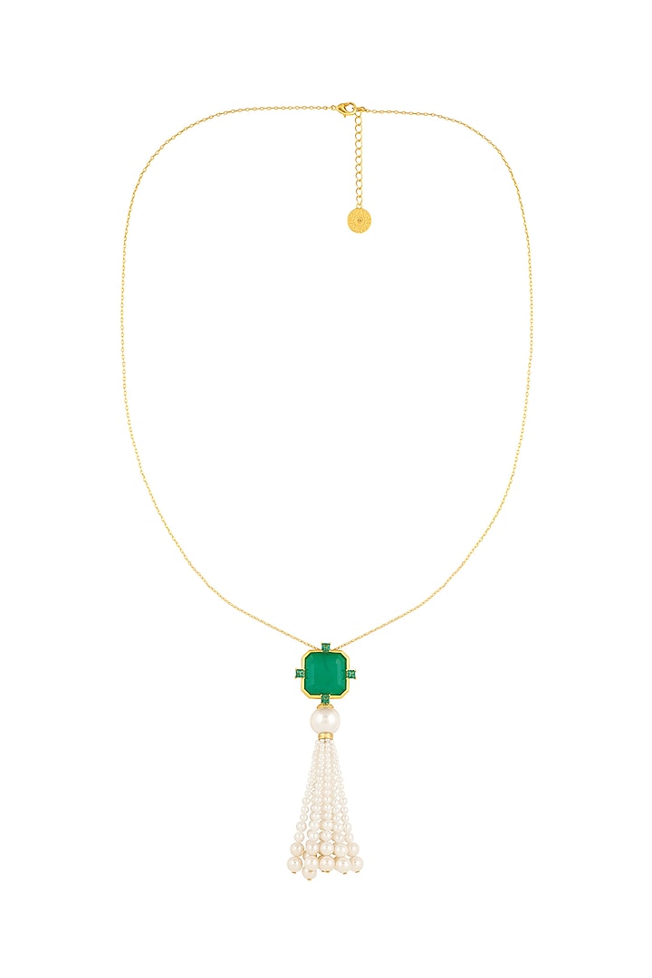 Gold Plated Green Doublet Stone & Pearl Long Necklace by Isharya