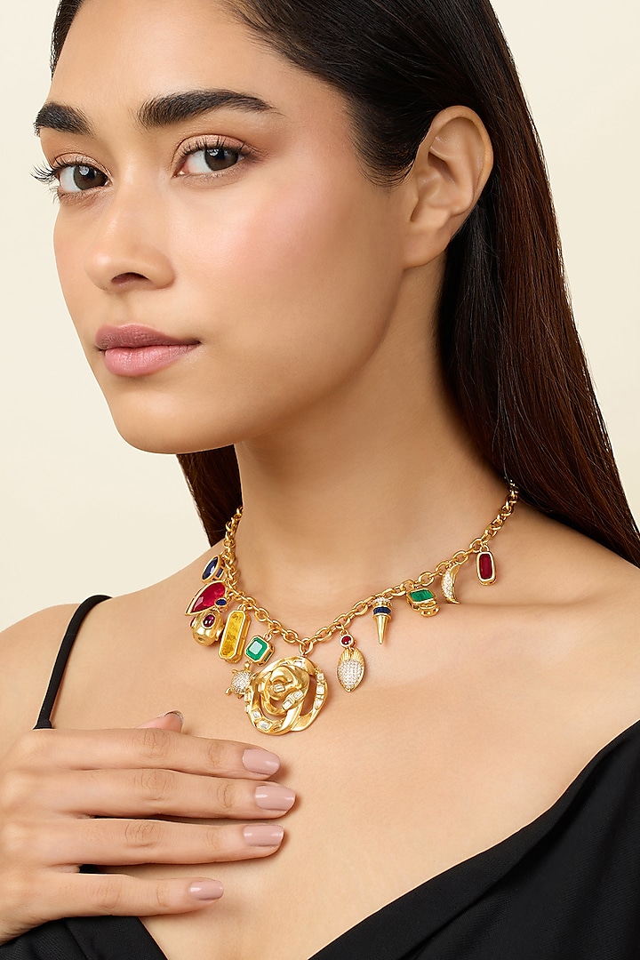 Gold Plated Gemstone Charm Necklace by Isharya