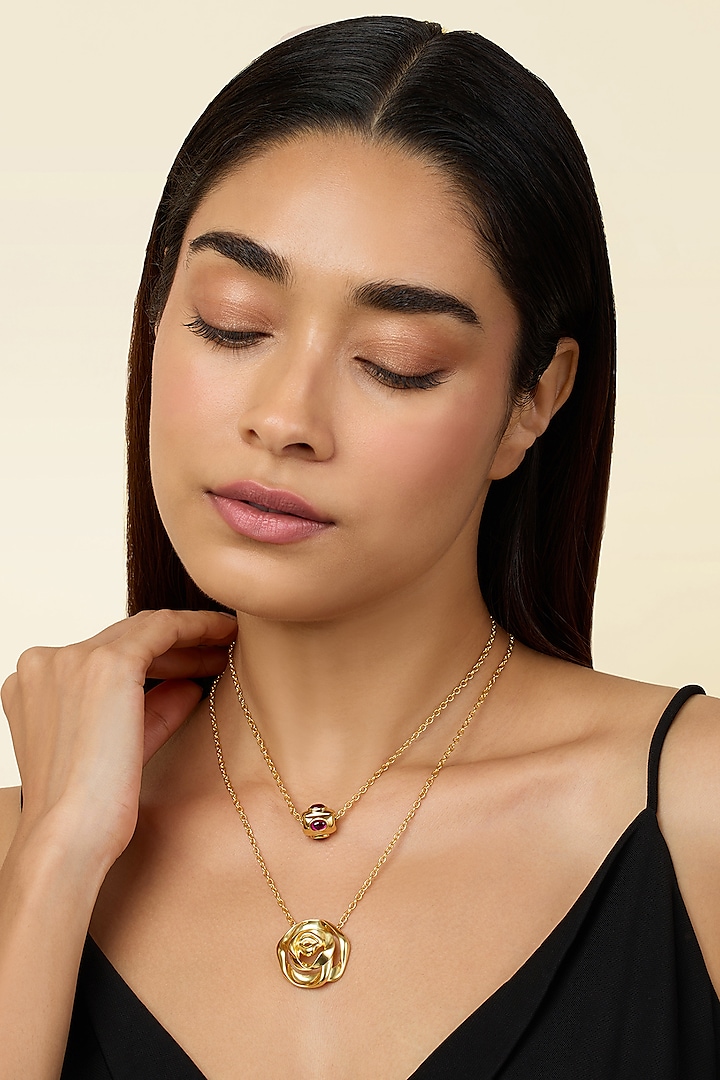 Gold Plated Mirror Rose Layered Pendant Necklace by Isharya