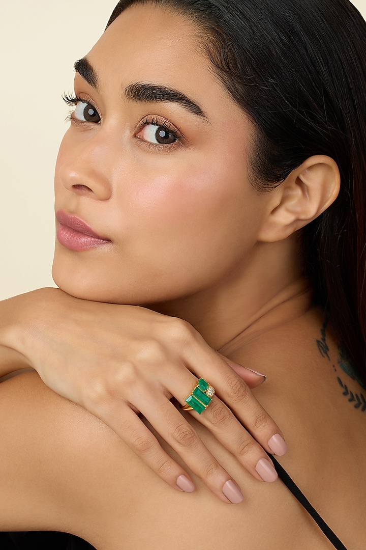 Gold Plated Green Doublet Stone & CZ Ring by Isharya at Pernia's Pop Up Shop