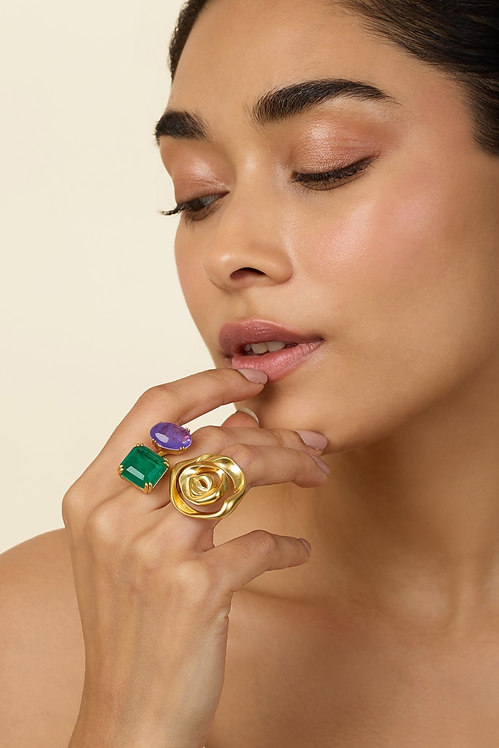 Gold Plated Green Doublet Stone & Purple CZ Rose Ring by Isharya