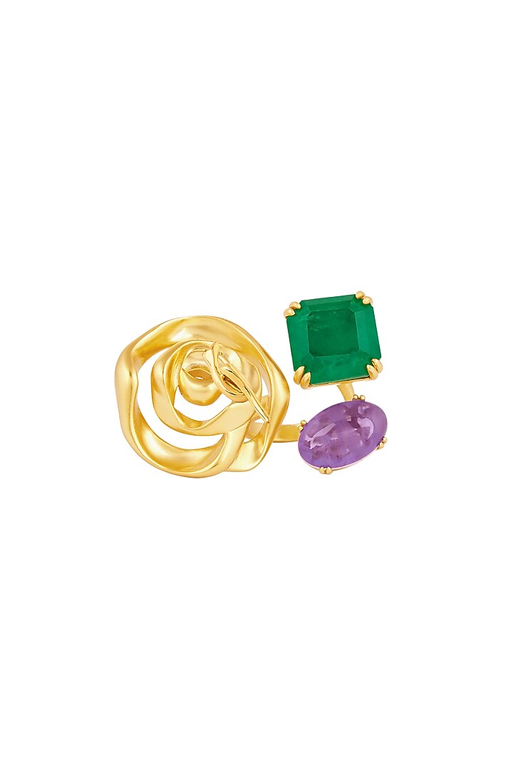 Gold Plated Green Doublet Stone & Purple CZ Rose Ring by Isharya at Pernia's Pop Up Shop