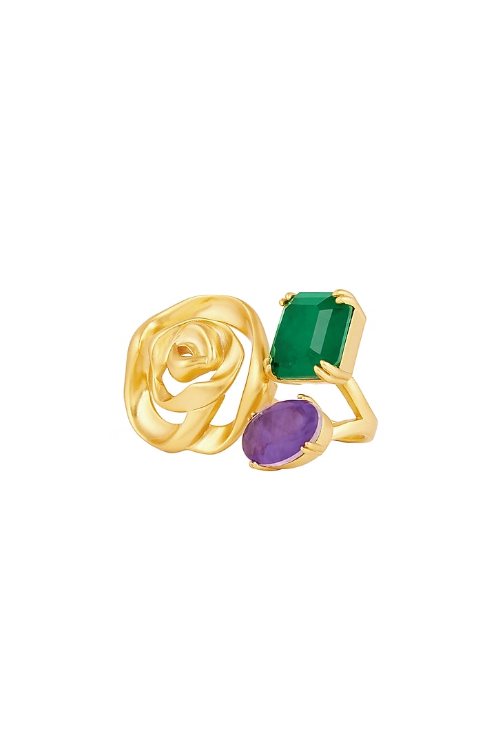 Gold Plated Green Doublet Stone & Purple CZ Rose Ring by Isharya at Pernia's Pop Up Shop