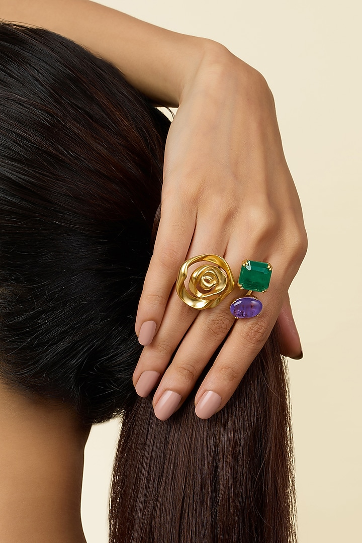 Gold Plated Green Doublet Stone & Purple CZ Rose Ring by Isharya at Pernia's Pop Up Shop