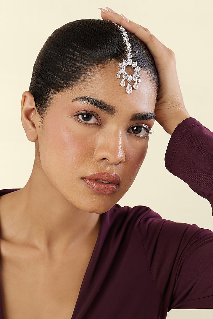 White Rhodium Finish Crystal Zirconia Maangtikka by Isharya at Pernia's Pop Up Shop