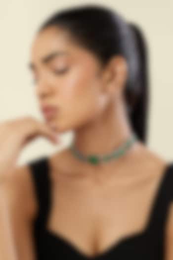 White Rhodium Finish Crystal Zirconia & Emerald Stone Choker Necklace by Isharya at Pernia's Pop Up Shop