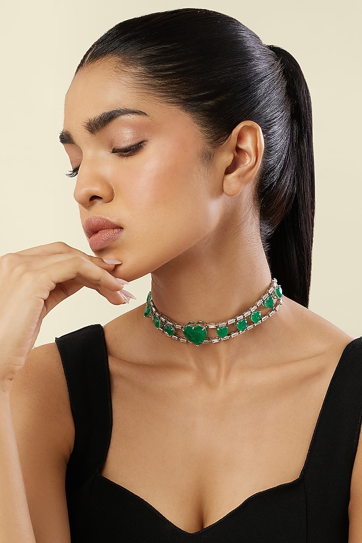 White Rhodium Finish Crystal Zirconia & Emerald Stone Choker Necklace by Isharya at Pernia's Pop Up Shop