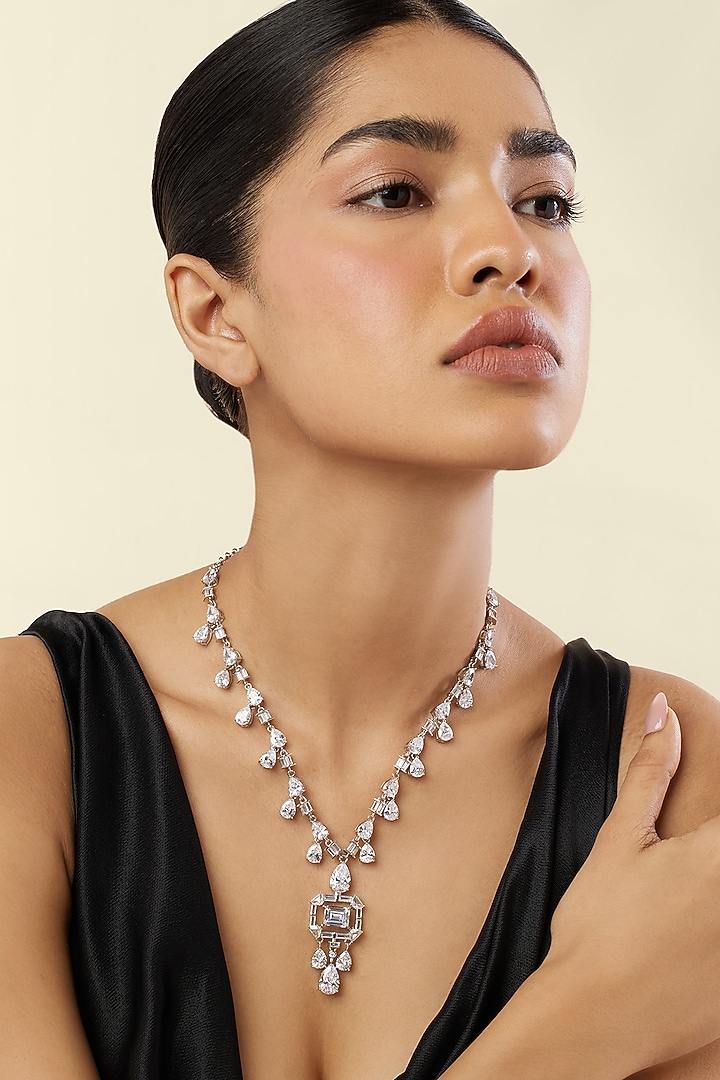 White Rhodium Finish Crystal Zirconia Long Necklace by Isharya at Pernia's Pop Up Shop