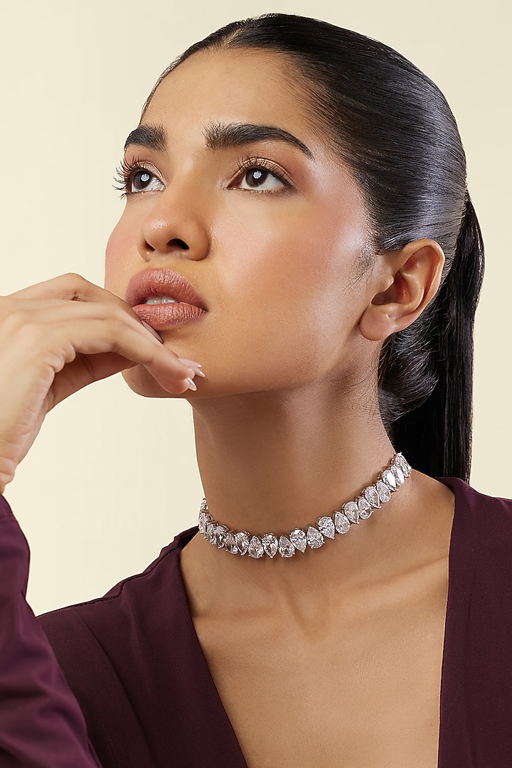 White Rhodium Finish Crystal Zirconia Choker Necklace by Isharya at Pernia's Pop Up Shop