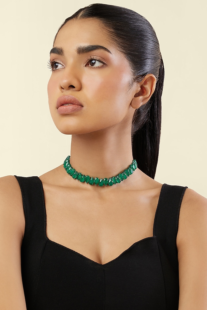 White Rhodium Finish Emerald Doublet Choker Necklace by Isharya at Pernia's Pop Up Shop