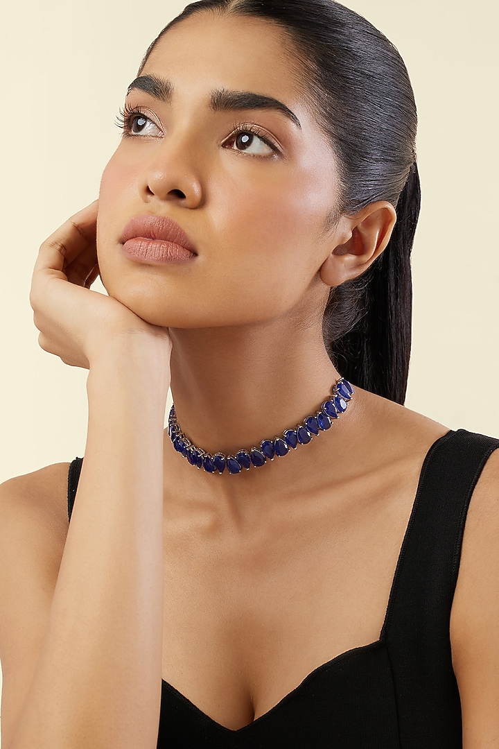 White Rhodium Finish Sapphire Doublet Choker Necklace by Isharya at Pernia's Pop Up Shop