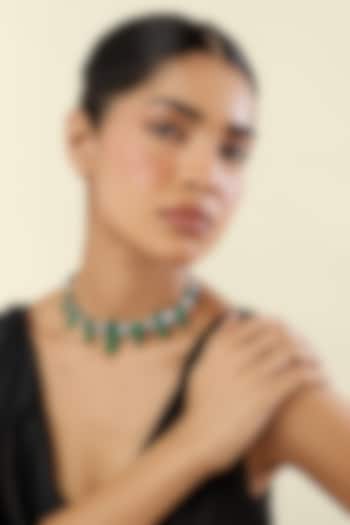 White Rhodium Finish Crystal Zirconia & Emerald Stone Choker Necklace by Isharya at Pernia's Pop Up Shop