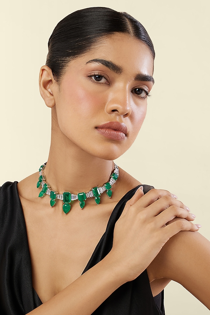 White Rhodium Finish Crystal Zirconia & Emerald Stone Choker Necklace by Isharya at Pernia's Pop Up Shop