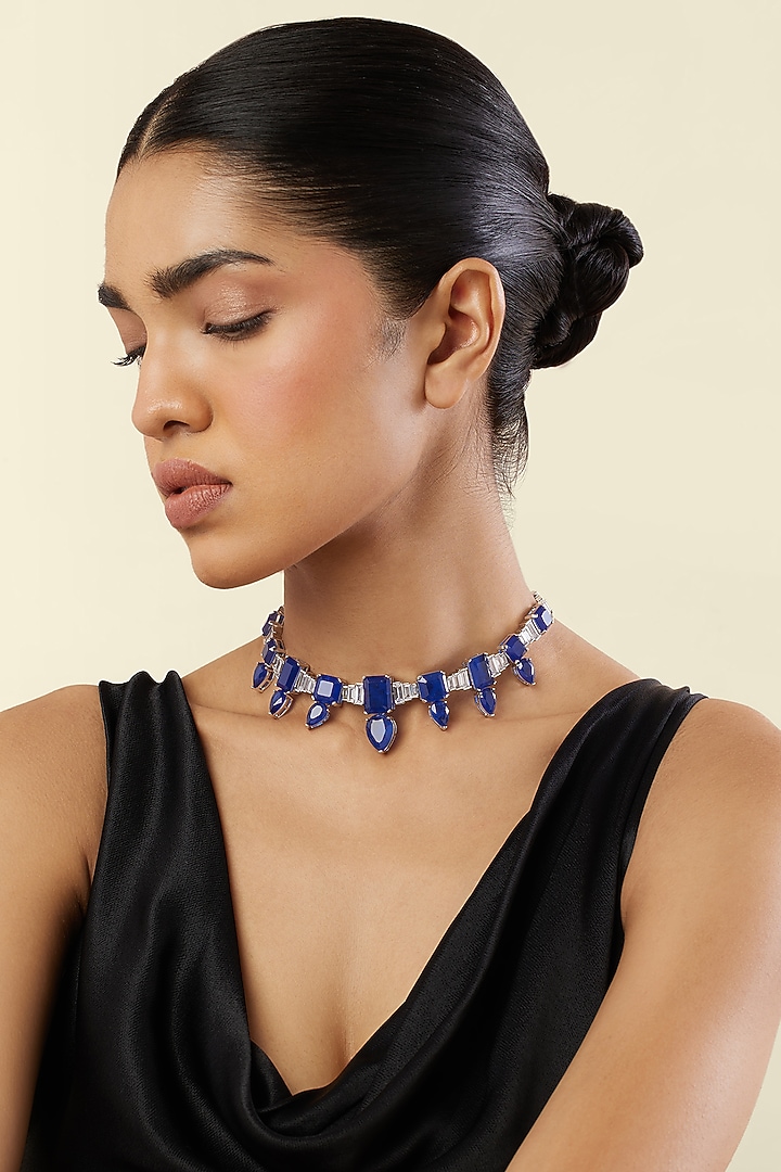 White Rhodium Finish Crystal Zirconia & Sapphire Stone Choker Necklace by Isharya at Pernia's Pop Up Shop
