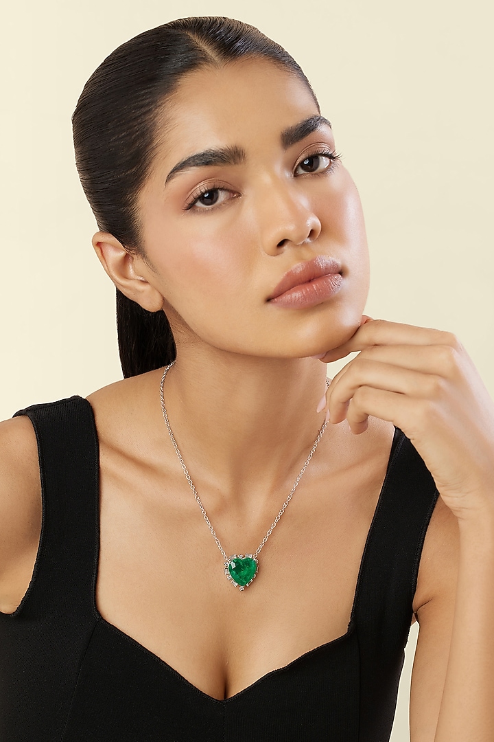 White Rhodium Finish Emerald Stone Heart-Shaped Pendant Necklace by Isharya at Pernia's Pop Up Shop