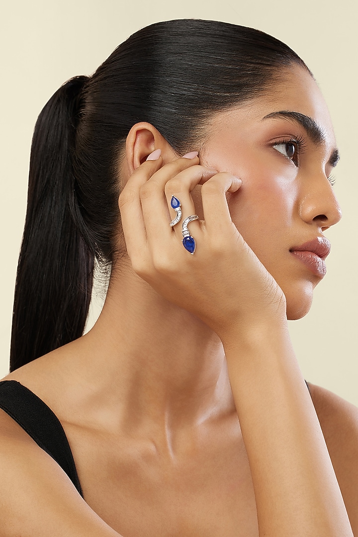 White Rhodium Finish Crystal Zirconia & Sapphire Stone Ring by Isharya at Pernia's Pop Up Shop