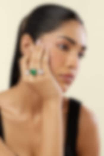 White Rhodium Finish Crystal Zirconia & Emerald Stone Heart Ring by Isharya at Pernia's Pop Up Shop