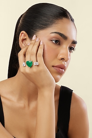 White Rhodium Finish Crystal Zirconia & Emerald Stone Heart Ring by Isharya