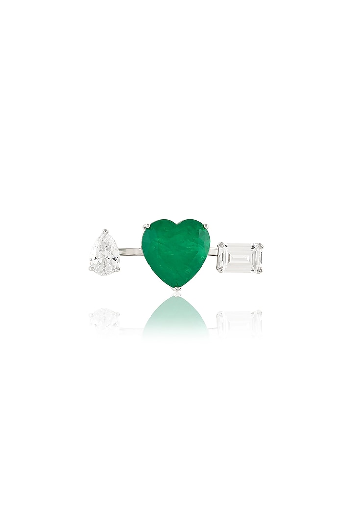 White Rhodium Finish Crystal Zirconia & Emerald Stone Heart Ring by Isharya at Pernia's Pop Up Shop
