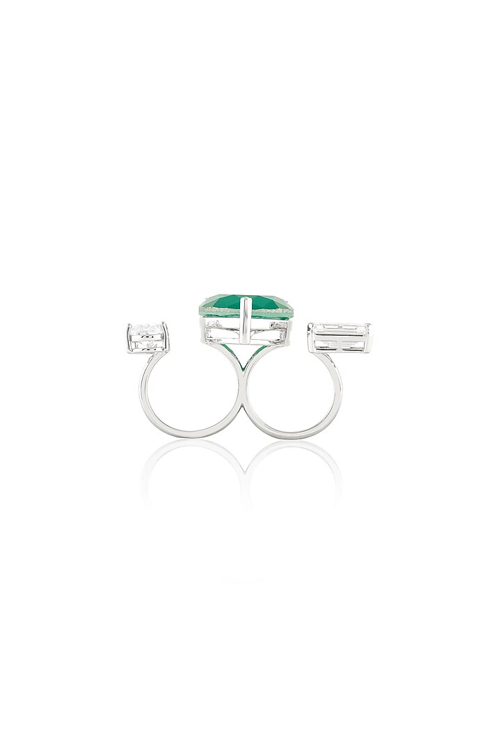 White Rhodium Finish Crystal Zirconia & Emerald Stone Heart Ring by Isharya at Pernia's Pop Up Shop