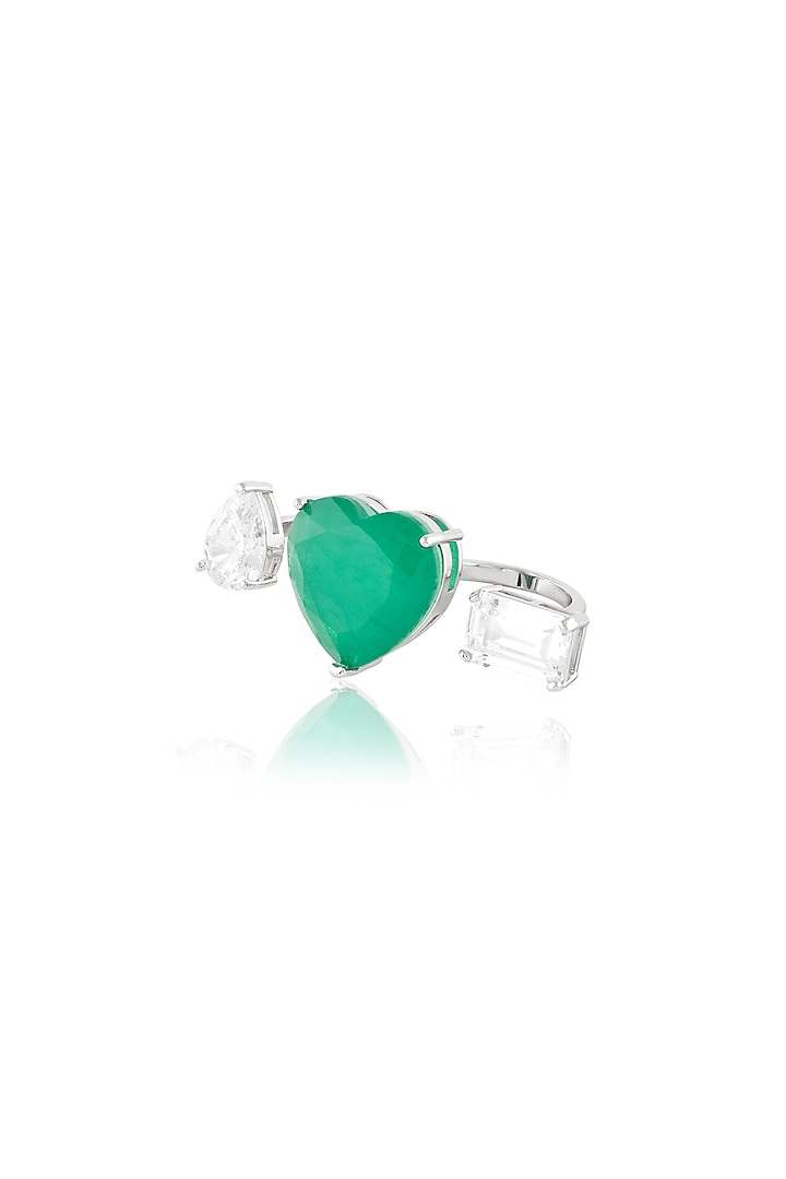 White Rhodium Finish Crystal Zirconia & Emerald Stone Heart Ring by Isharya at Pernia's Pop Up Shop