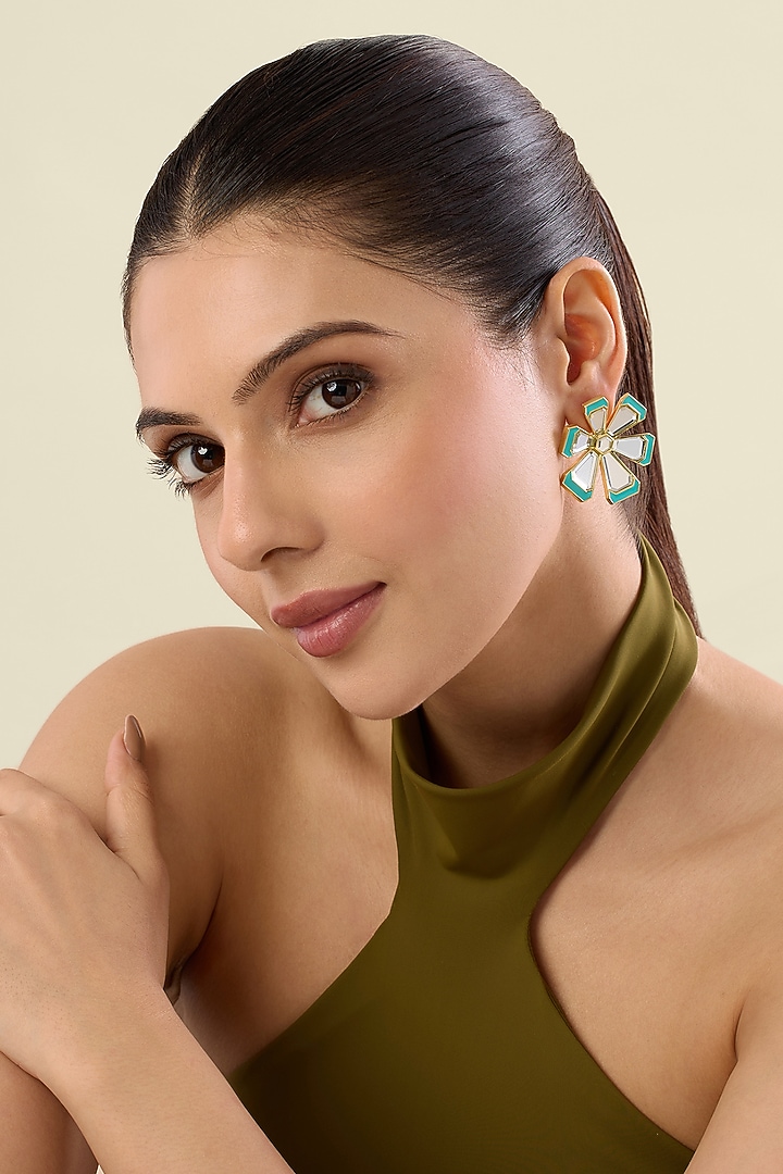 Gold Plated Blue Enameled Floral Stud Earrings by Isharya at Pernia's Pop Up Shop