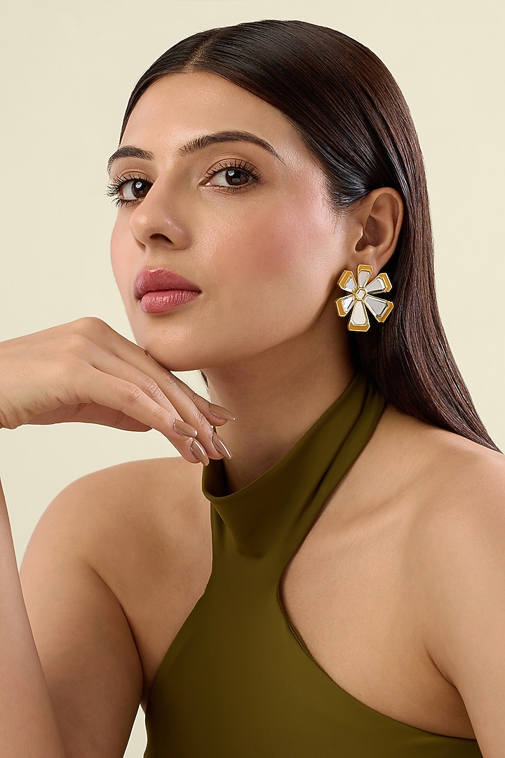 Gold Plated Orange Enameled Floral Stud Earrings by Isharya at Pernia's Pop Up Shop