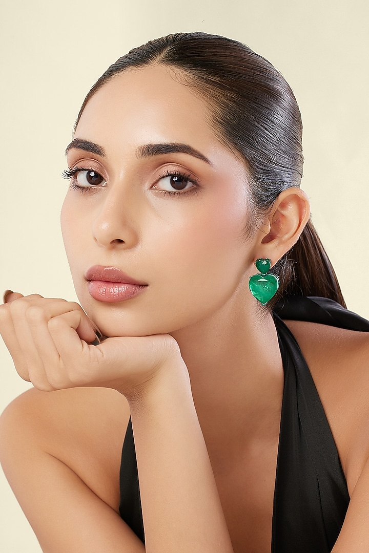 White Rhodium Finish Emerald Gemstone Stud Earrings by Isharya at Pernia's Pop Up Shop