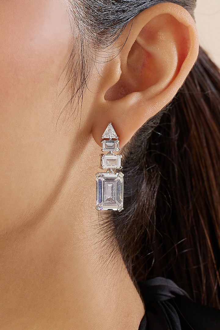White Rhodium Finish Diamante Dangler Earrings by Isharya at Pernia's Pop Up Shop