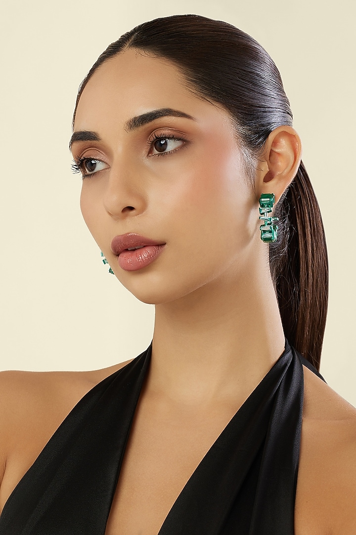 Green Finish Emerald Gemstone Hoop Earrings by Isharya at Pernia's Pop Up Shop