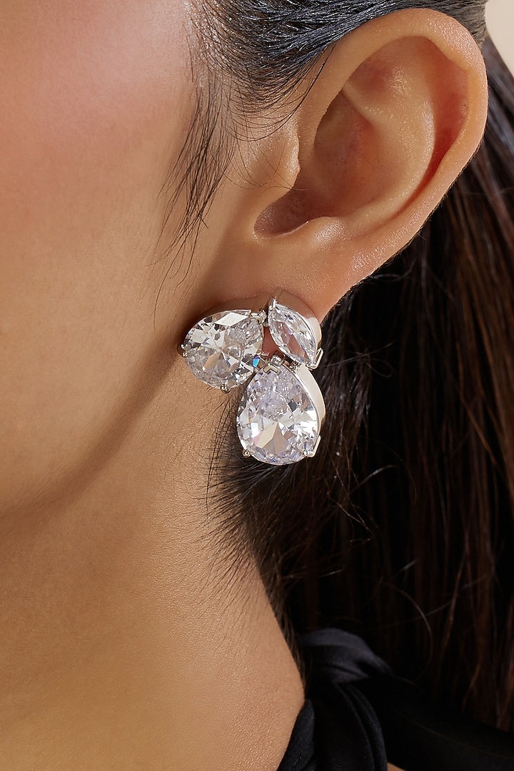 White Rhodium Finish Diamante Stud Earrings by Isharya at Pernia's Pop Up Shop