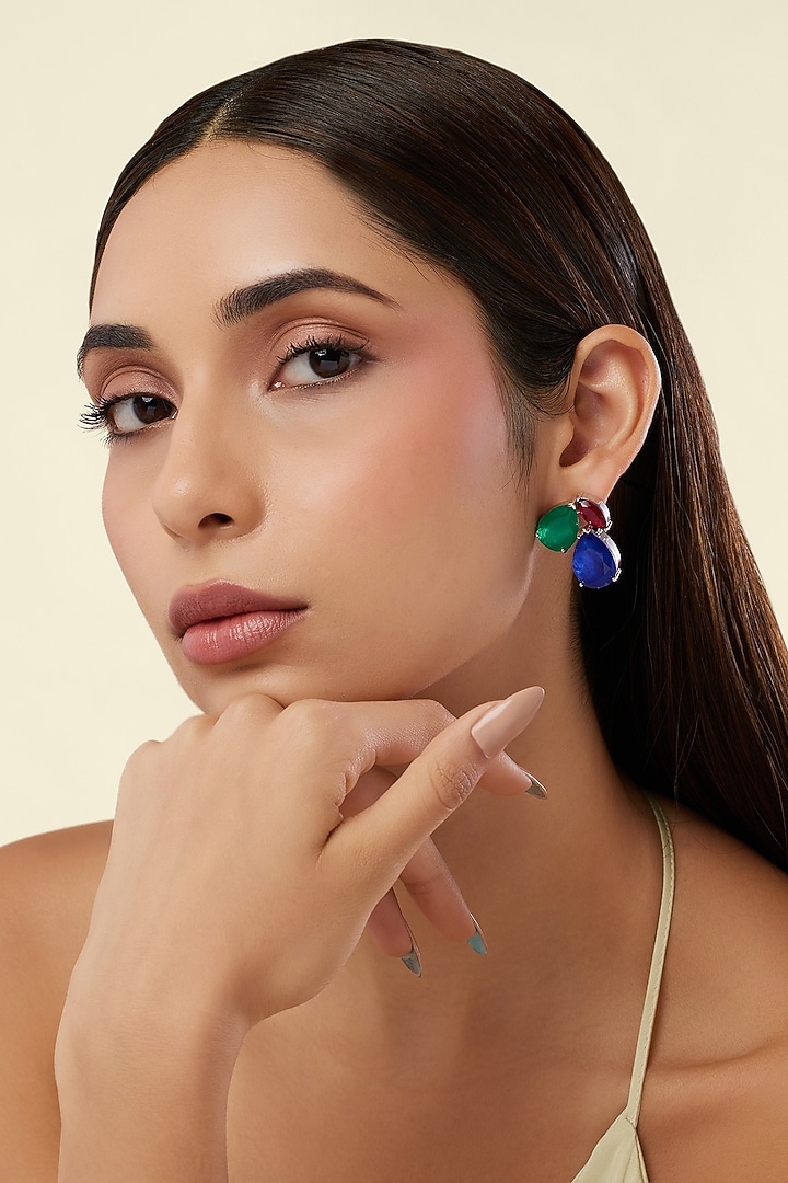 White Rhodium Finish Multi-Colored Gemstone Stud Earrings by Isharya at Pernia's Pop Up Shop