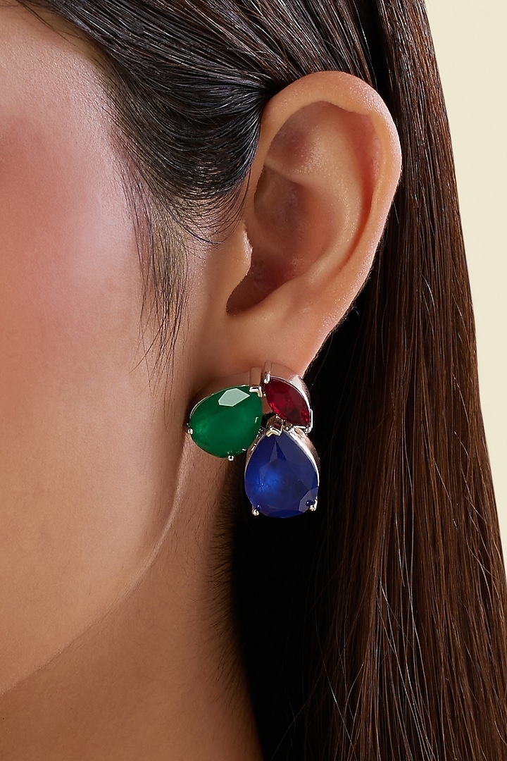 White Rhodium Finish Multi-Colored Gemstone Stud Earrings by Isharya at Pernia's Pop Up Shop