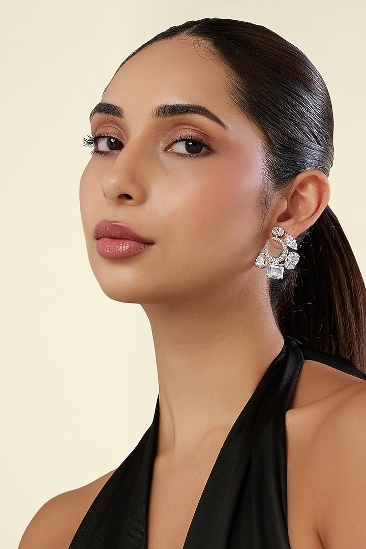 White Rhodium Finish Diamante Stud Earrings by Isharya at Pernia's Pop Up Shop