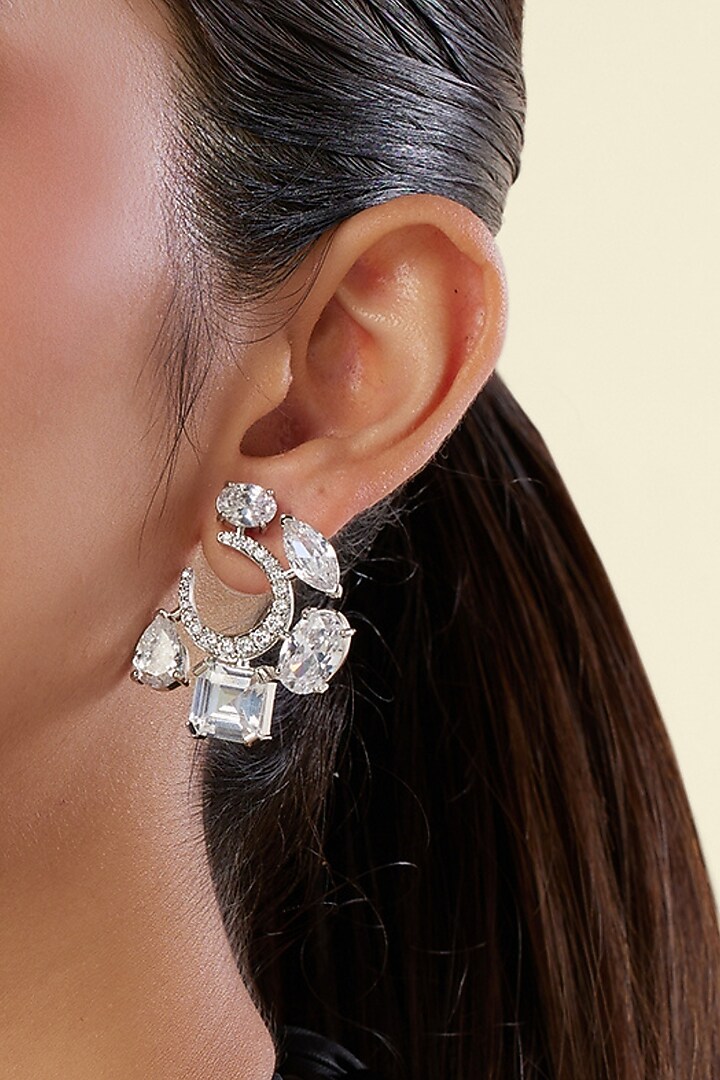 White Rhodium Finish Diamante Stud Earrings by Isharya at Pernia's Pop Up Shop