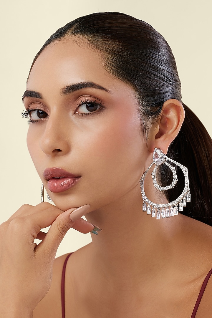 White Rhodium Finish Diamante Chandbali Earrings by Isharya at Pernia's Pop Up Shop