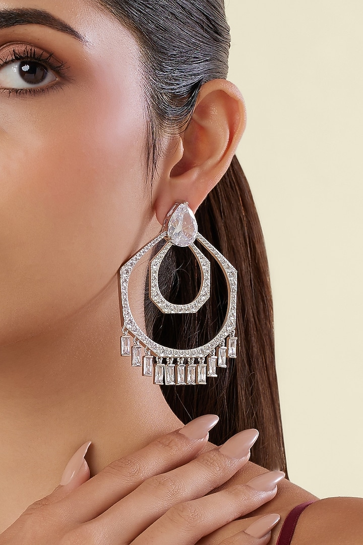 White Rhodium Finish Diamante Chandbali Earrings by Isharya at Pernia's Pop Up Shop