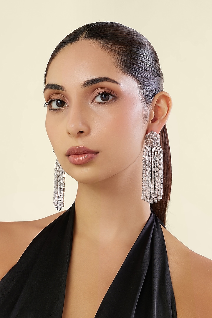 White Rhodium Finish Diamante Dangler Earrings by Isharya at Pernia's Pop Up Shop