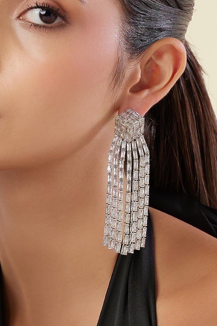 White Rhodium Finish Diamante Dangler Earrings by Isharya at Pernia's Pop Up Shop