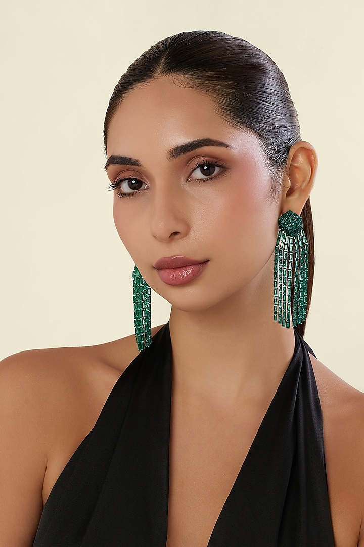 Green Finish Emerald Gemstone Dangler Earrings by Isharya at Pernia's Pop Up Shop