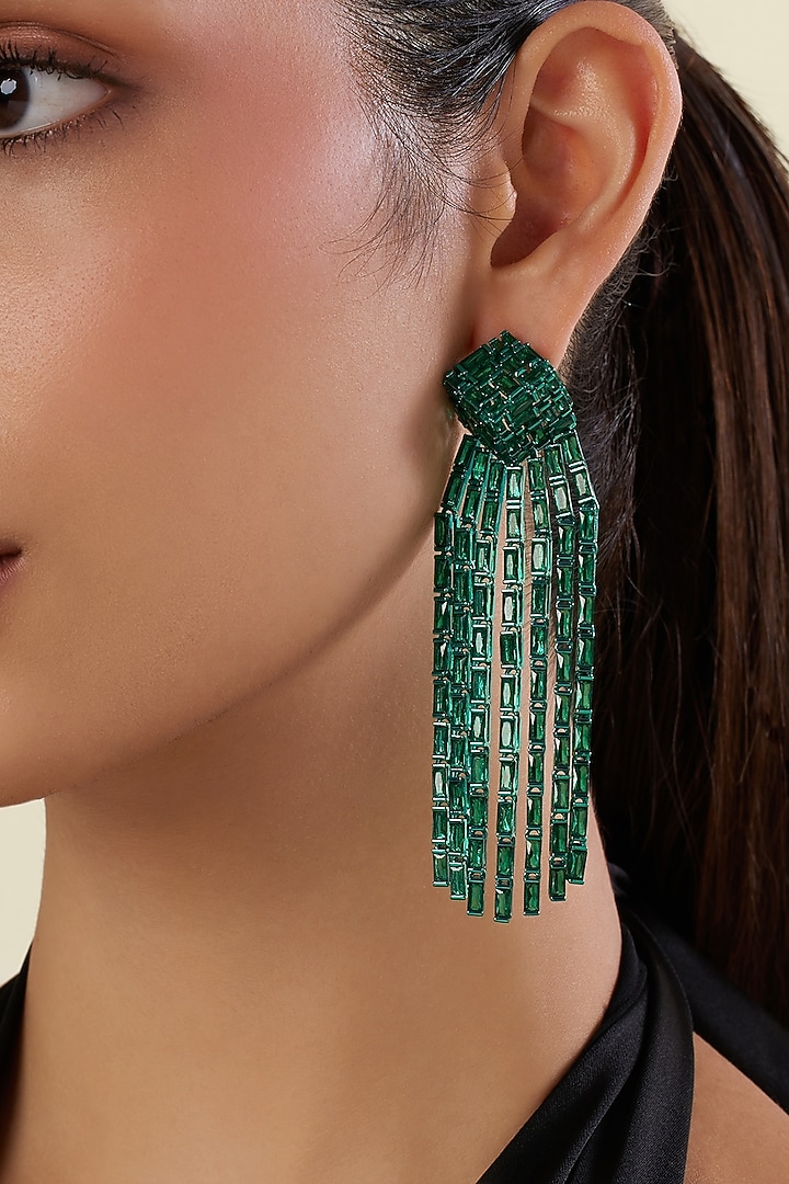 Green Finish Emerald Gemstone Dangler Earrings by Isharya at Pernia's Pop Up Shop