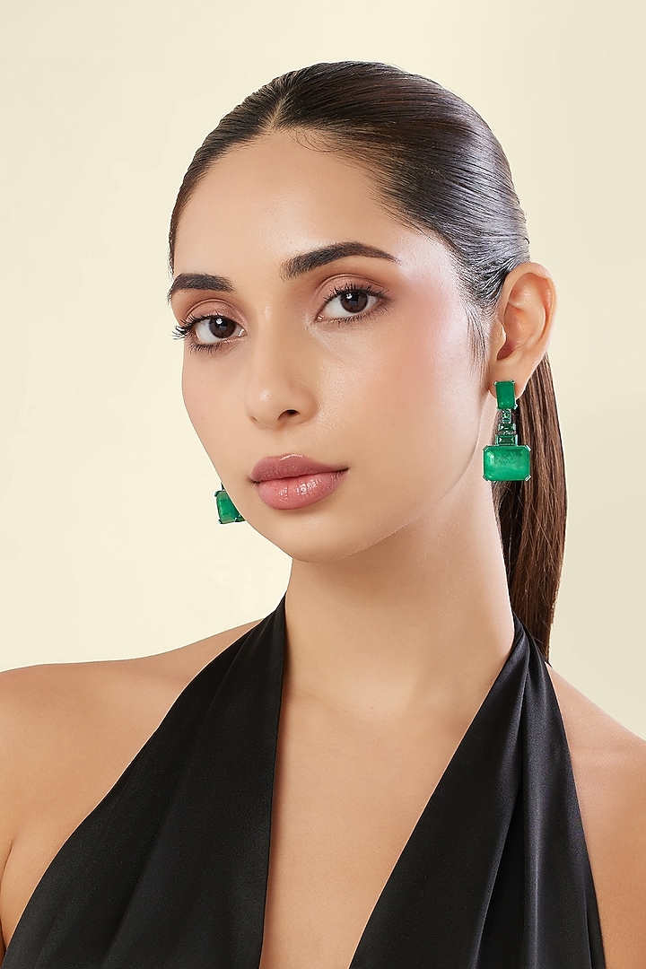 Green Finish Emerald Gemstone Dangler Earrings by Isharya at Pernia's Pop Up Shop