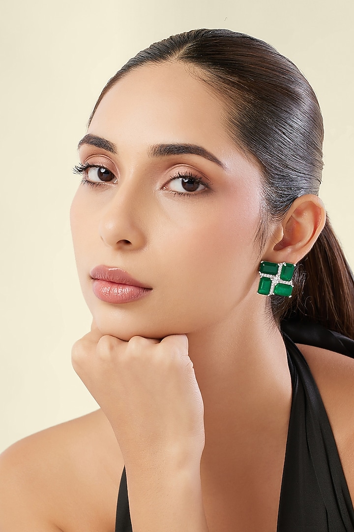 Green Finish Emerald Gemstone Stud Earrings by Isharya at Pernia's Pop Up Shop