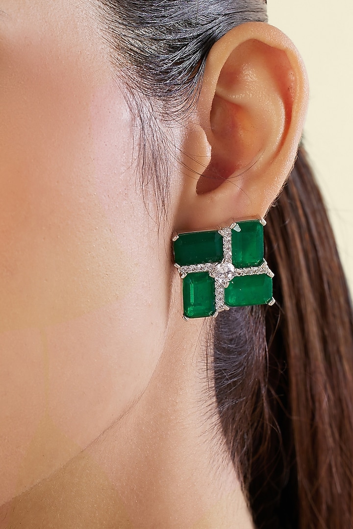 Green Finish Emerald Gemstone Stud Earrings by Isharya at Pernia's Pop Up Shop