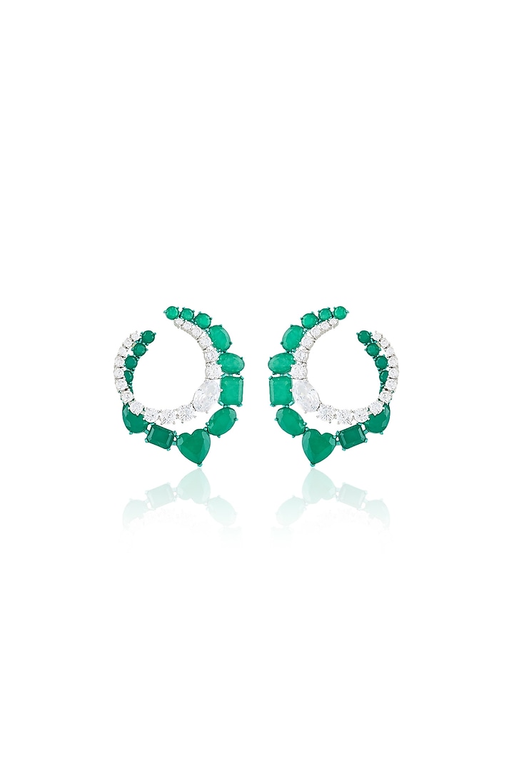 White Rhodium Finish Diamante & Emerald Green Gemstone Dangler Earrings by Isharya at Pernia's Pop Up Shop