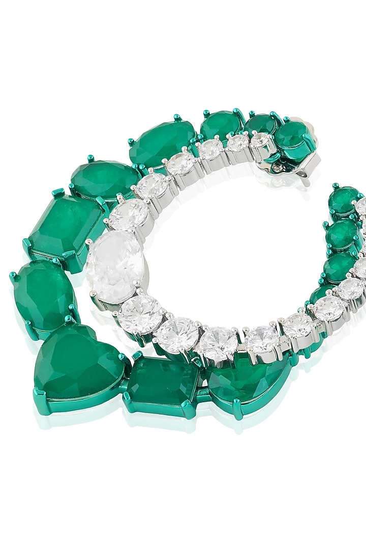 White Rhodium Finish Diamante & Emerald Green Gemstone Dangler Earrings by Isharya at Pernia's Pop Up Shop