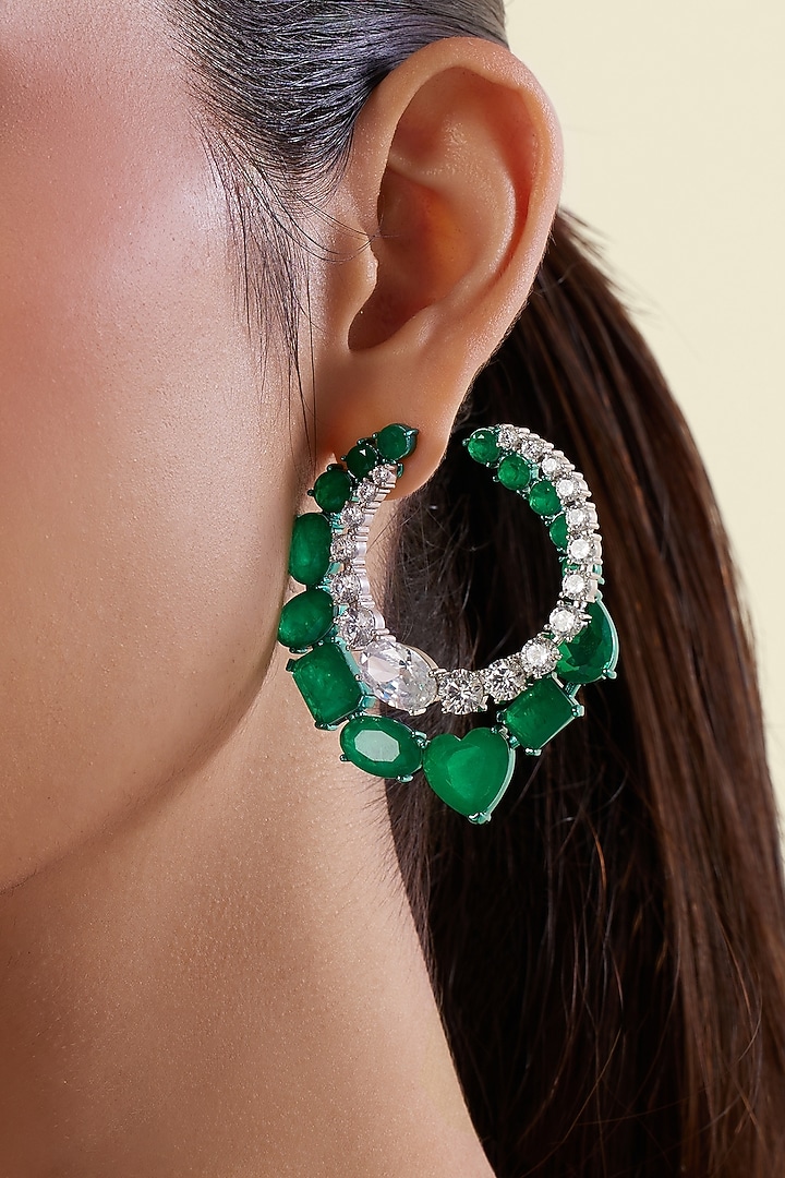 White Rhodium Finish Diamante & Emerald Green Gemstone Dangler Earrings by Isharya at Pernia's Pop Up Shop