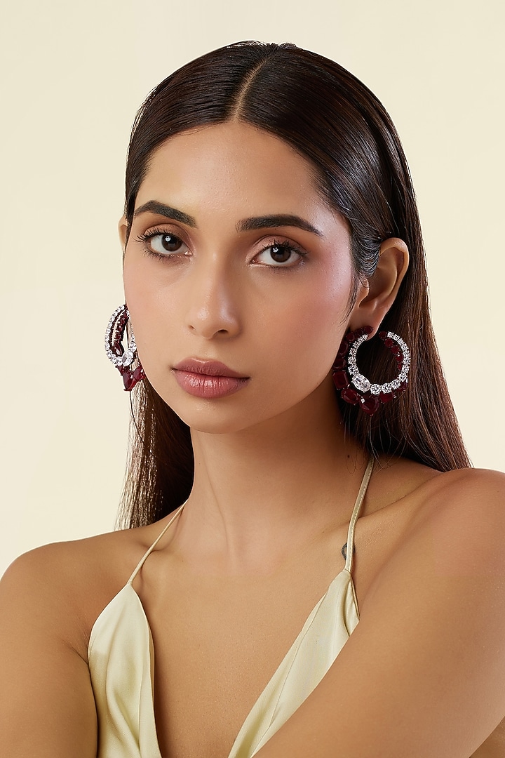 White Rhodium Finish Diamante & Ruby Gemstone Dangler Earrings by Isharya at Pernia's Pop Up Shop