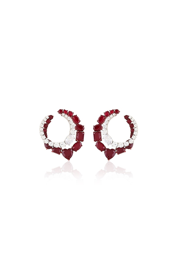 White Rhodium Finish Diamante & Ruby Gemstone Dangler Earrings by Isharya at Pernia's Pop Up Shop