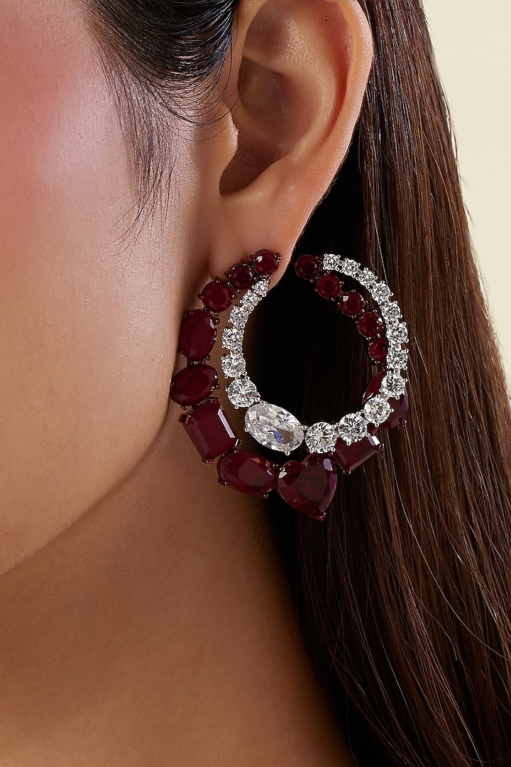 White Rhodium Finish Diamante & Ruby Gemstone Dangler Earrings by Isharya at Pernia's Pop Up Shop